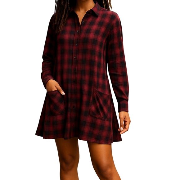 Lulus Blissful Weekend Burgundy Plaid Long Sleeve Shirt Dress Small Gorpcore - Picture 2 of 8